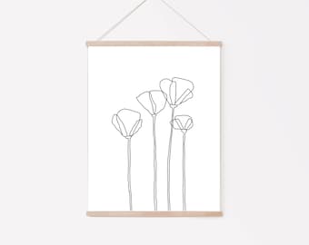 Poppies Line Drawing Art Print: Minimalist Black & White Botanical Wall Art