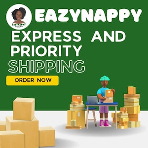 May include: An advertisement for Eazy Nappy hair products, featuring a cartoon person packing boxes. The text reads "EAZYNAPPY" and "EXPRESS AND PRIORITY SHIPPING." A yellow button says "ORDER NOW." The background is green.