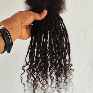 May include: A bundle of dark brown, curly dreadlocks. The dreadlocks are held in a hand against a white background. The hair has a natural, textured appearance with individual strands visible.