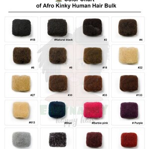 May include: Color chart of Afro Kinky Human Hair Bulk showing different shades of brown, blonde, gray, blue, pink, purple, and red hair. The hair is displayed in small squares with a number and color name below each square.