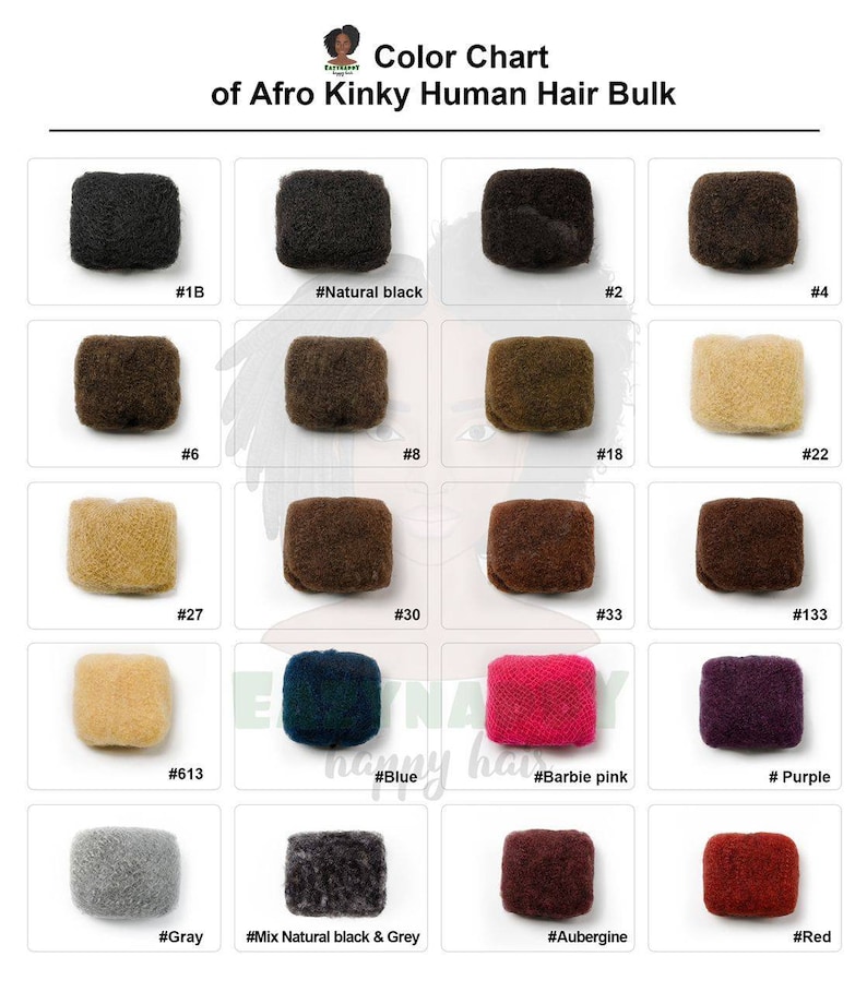 May include: Color chart of Afro Kinky Human Hair Bulk showing different shades of brown, blonde, gray, blue, pink, purple, and red hair. The hair is displayed in small squares with a number and color name below each square.