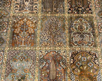 May include: A traditional Persian rug with a detailed floral pattern in shades of brown, green, and beige. The rug is divided into nine squares, each featuring a unique design. The rug has a fringe border.