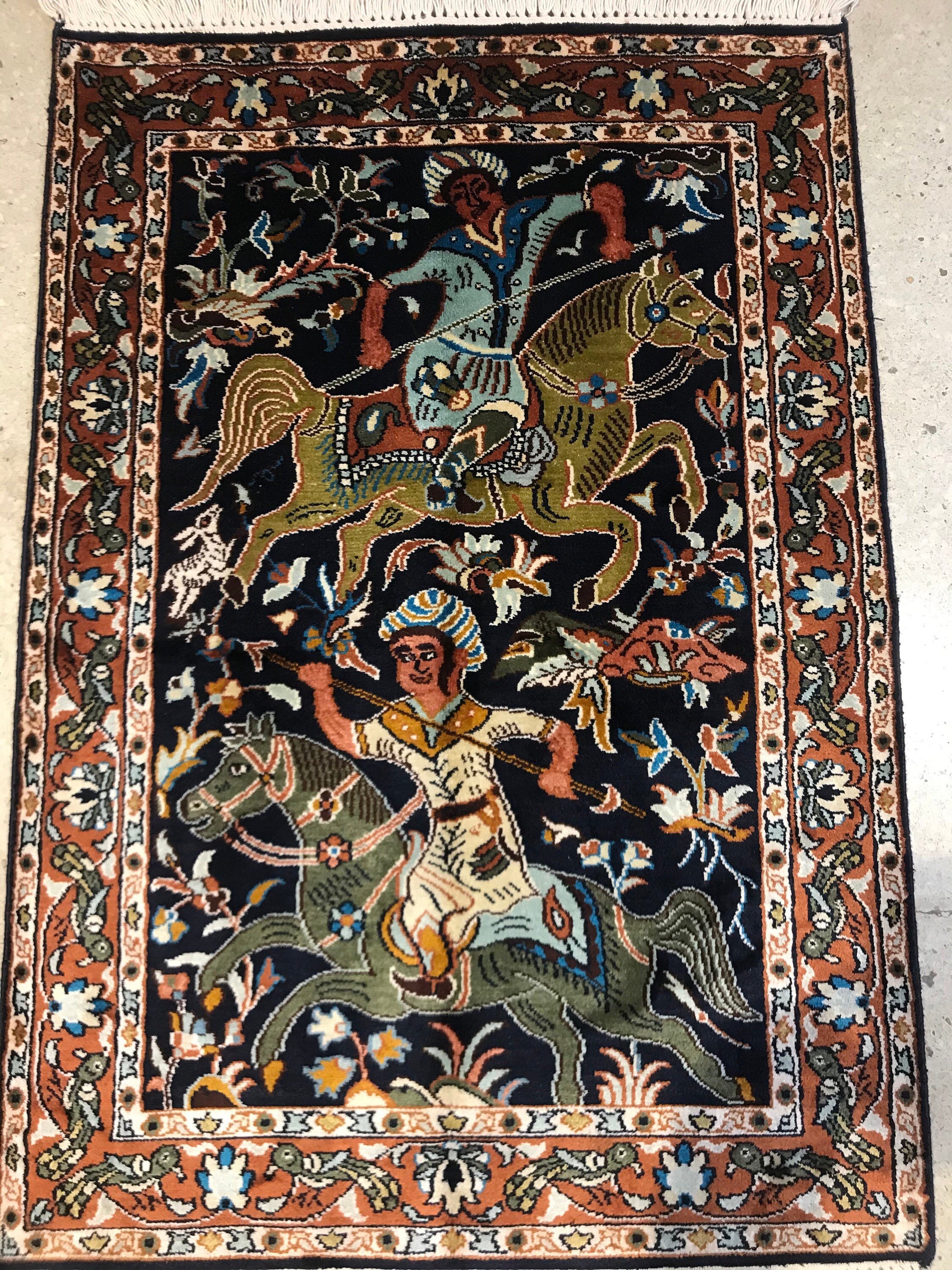 Tapis Vintage Soie Fait Main Inde, 28x51 Pouces, Broderie Cachemire Crewel