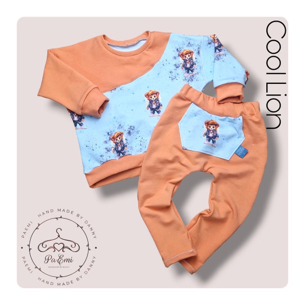 Set Gr.92 "Cool Lion" / Pulli Oversized und Hose / Blau Ocker / Handmade