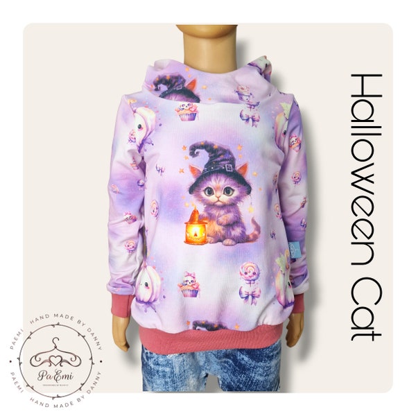 Hoodie Gr.110 "Halloween Cat" lila rosa / Katze Halloween / mit Kapuze / Handmade Pulli / Exklusiver Stoff