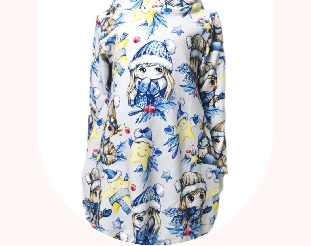 Balloon dress size 110 "Winter Girl" with hood / Winter dress long sleeve / Handmade