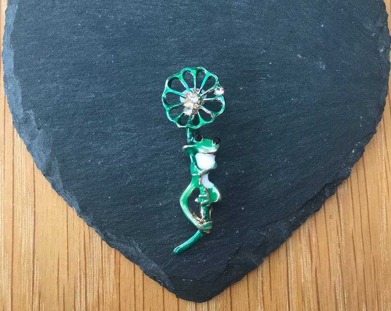 Frog on stalk enamel brooch