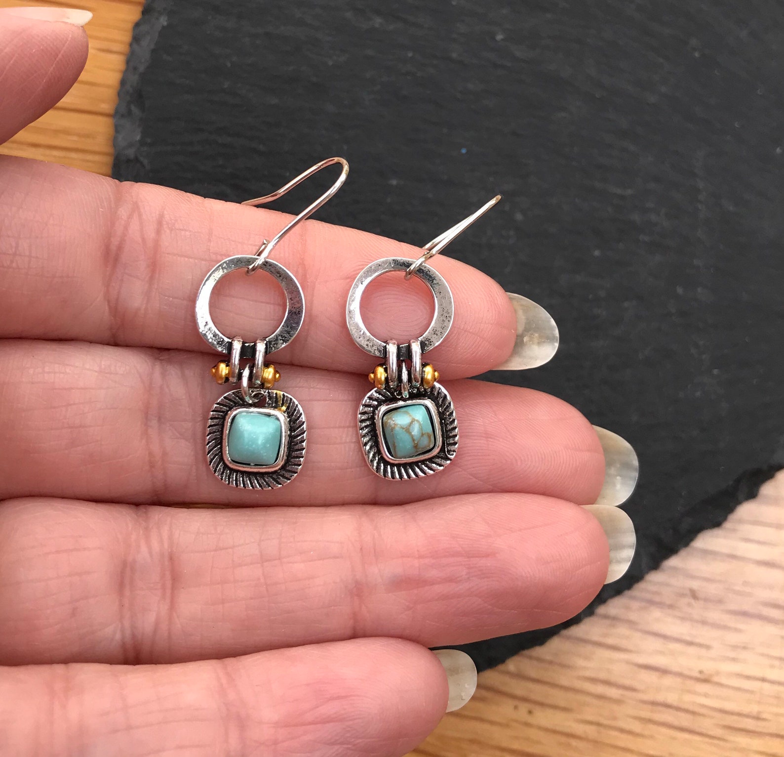 Turquoise/blue gemstone-silver drop earrings | Etsy