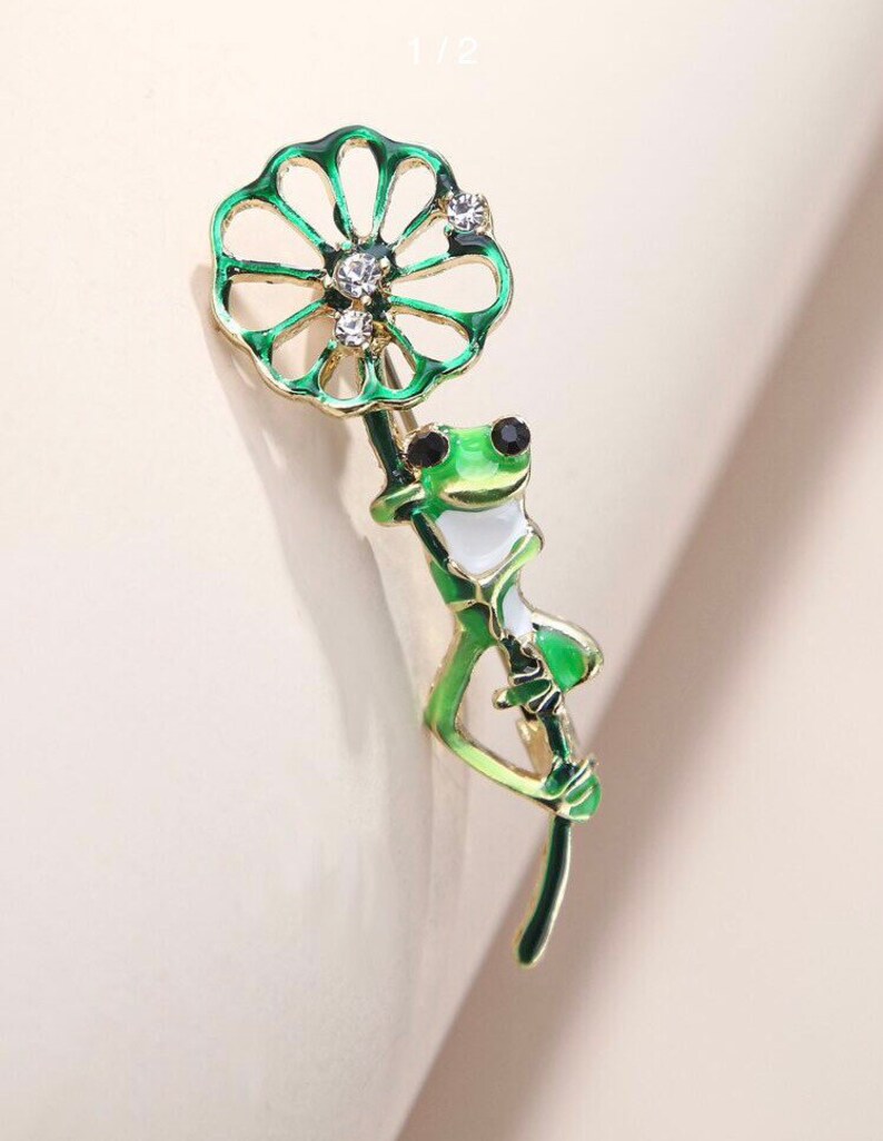 Frog on stalk enamel brooch