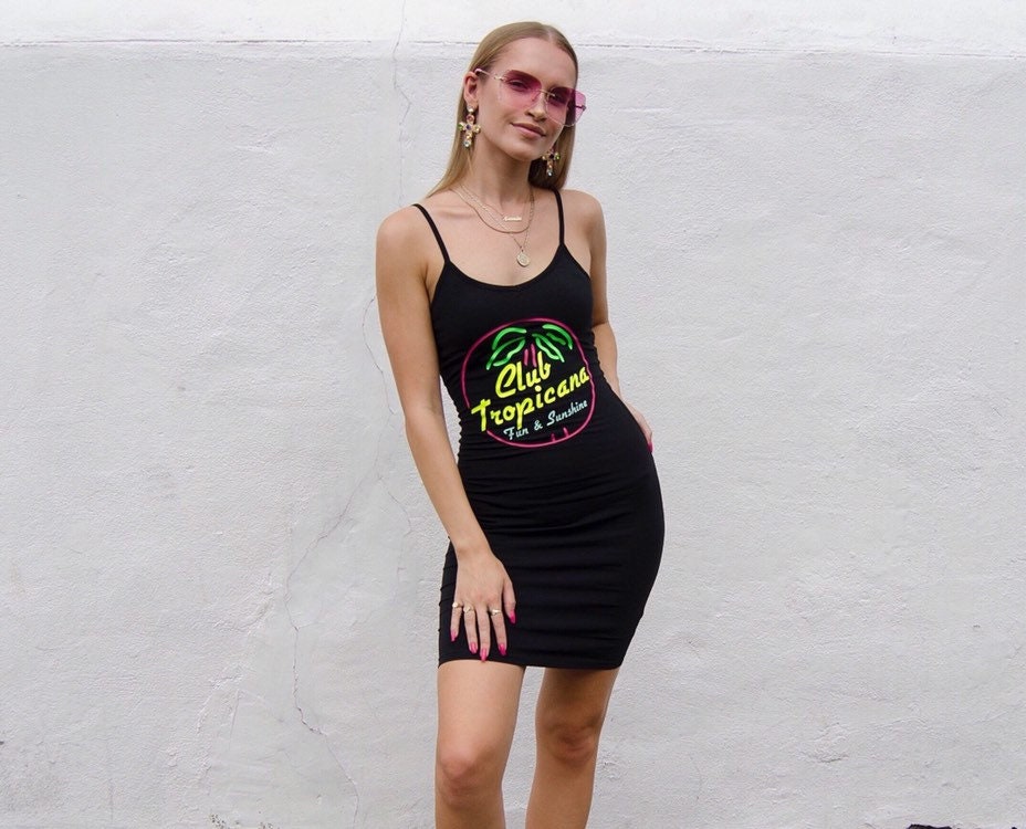 Image of Black Club Tropicana Vest Dress-With Neon/Fluorescent Graphics-George Michael -Wham