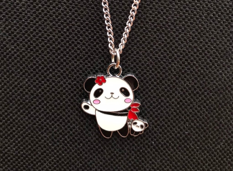 necklace-silver plated chain Cute Panda with red flower