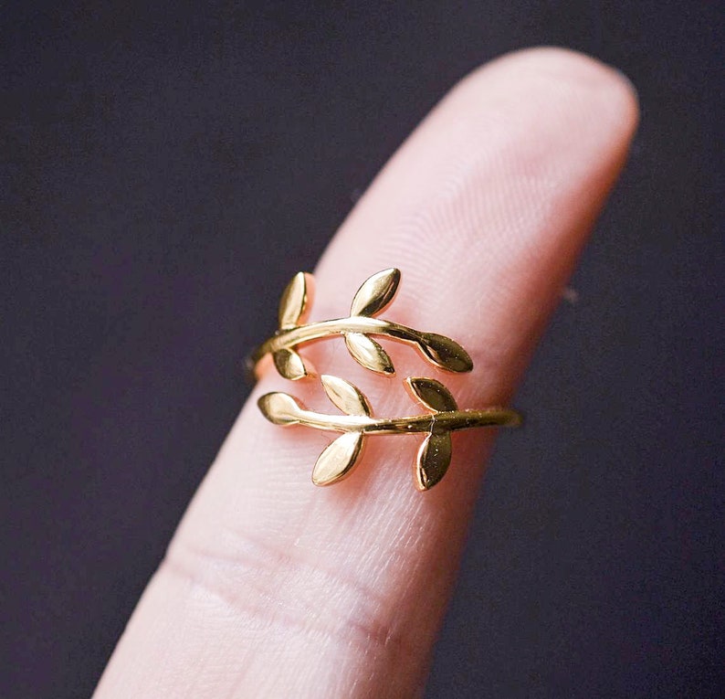 10K Solid Gold Tiny Leaf Adjustable Ring Handmade Delicate Etsy