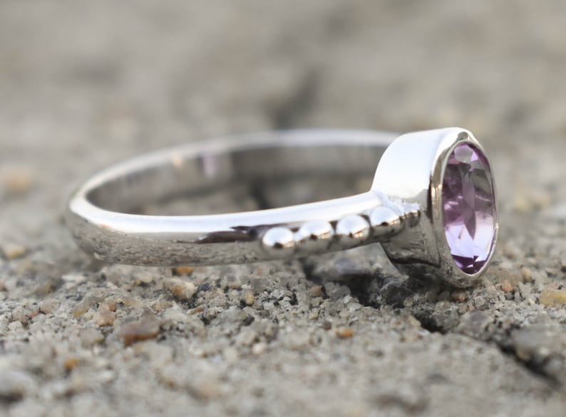 Natural Amethyst Studded Hand Carved Silver Ring Gemstone Ring Oval Stone Organic Look Ring Semi Precious Stone Jewelry Gift For Her