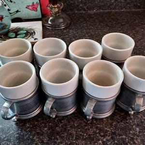Vintage Wilton Pewter Armetale Plough Tavern Coffee Mugs with Ceramic Insert