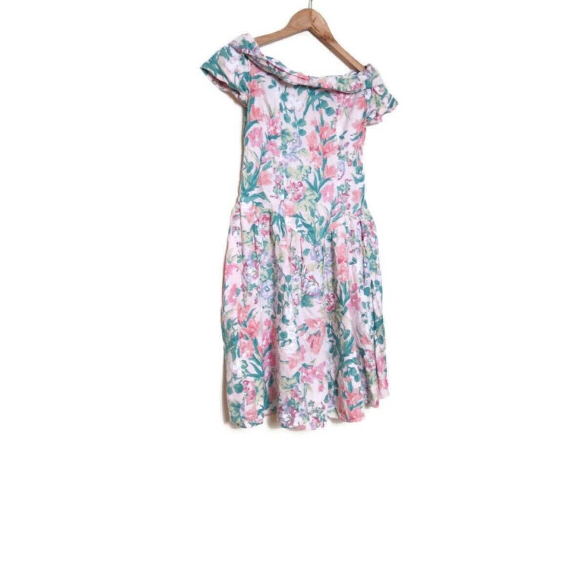 Vintage 80s Floral Pastel Valley Girl Dress 14 Off Shoulder Etsy