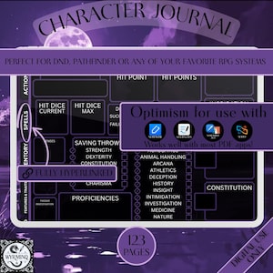Könnte beinhalten: Digitales Charakterjournal mit lila und weißem Design. Enthält Abschnitte für Zaubersprüche, Rettungswürfe und Fertigkeiten. Der Text "CHARACTER JOURNAL" steht oben, mit "123 PAGES" unten. Das Journal ist vollständig verlinkt.
