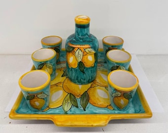 Vietri ceramic 6 Limoncello glasses set + bottle
