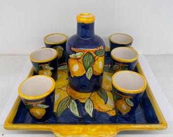 Vietri ceramic 6 Limoncello glasses set + bottle