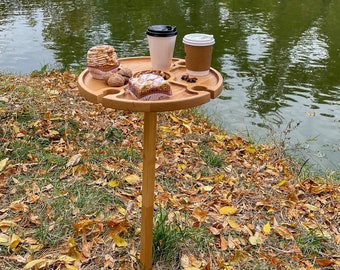 Portable Folding Wine Beach Picnic Table Wood Outside Table for Outdoors Small Table with Holder for Glasses - Cheese and Snack Board