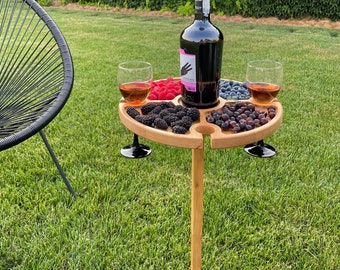 Portable Folding Wine Picnic Table Wood Outside Table for Outdoors Small Table with Holder for Glasses - Cheese and Snack Board