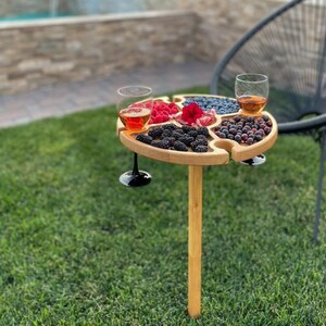 Portable Folding Wine Picnic Table Wood Outside Table for Outdoors Small Table with Holder for Glasses Cheese and Snack Board image 7