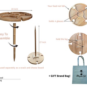 Portable Folding Wine Picnic Table Wood Outside Table for Outdoors Small Table with Holder for Glasses Cheese and Snack Board image 2