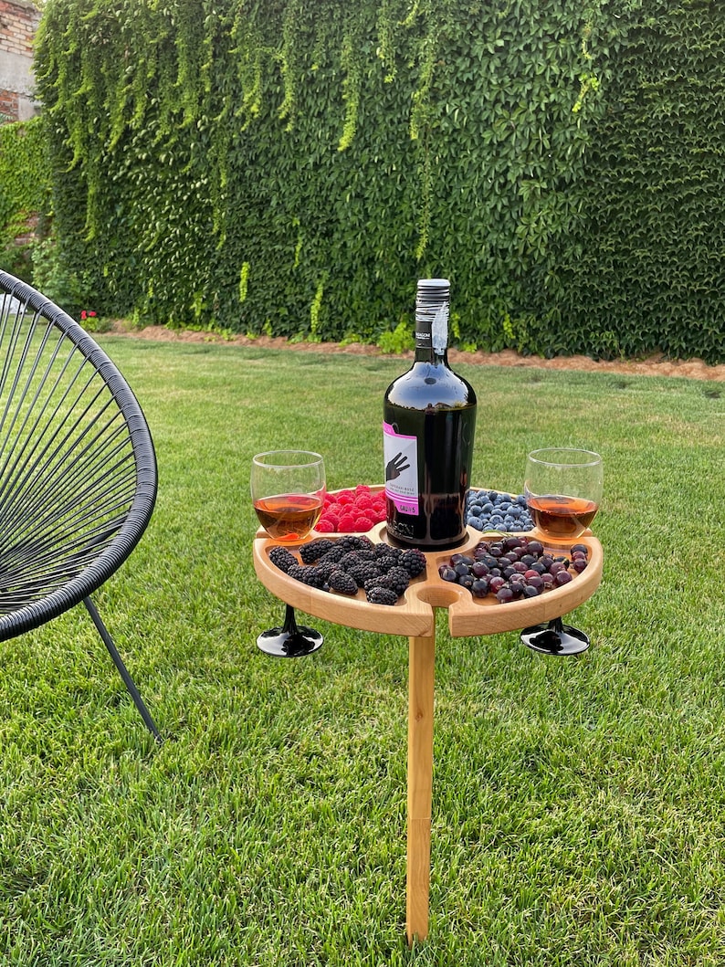 Portable Folding Wine Picnic Table Wood Outside Table for Outdoors Small Table with Holder for Glasses Cheese and Snack Board image 1