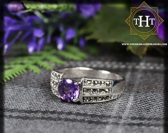 Vintage Sterling Silver 925 Art Deco Style Round Cut Vivid Purple Amethyst With Marcasite Gemstone Band Design Ring Size O - 7