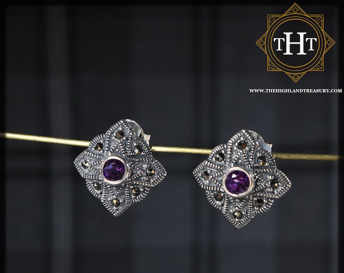Pair of Vintage Sterling Silver 925 Art Deco Style Small Round Cut Purple Amethyst Marcasite Gemstone February Birthstone Stud Earrings