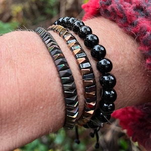 Men’s Natural Stone Beaded Bracelet, Set of 3 Bracelets with Gemstone Hematite Round Beaded Bracelet and Triangle Beaded Bracelet