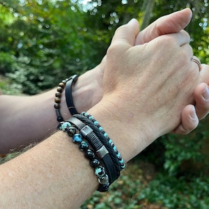 Men’s Natural Stone Beaded Bracelet, Set of 3 Bracelets with Gemstone Hematite Beaded Bracelet and Genuine Leather Bracelet