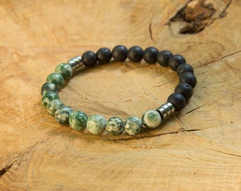 Men's Jasper & Lava Stone Beaded Elastic Bracelet, 8mm Green Jasper, Black Lava Stones with Silver Hematite Accents Birthday Christmas Gifts