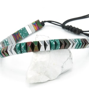 Green Silver Hematite Bracelet for Men & Women Corded Adjustable Fashionable, Mother&#39;s Day Gift, Father&#39;s Day Gift, Healing Natural Stone