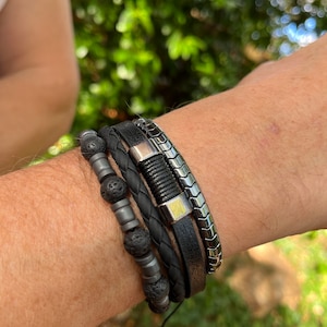 Men’s Natural Stone & Leather Beaded Bracelets set Gemstone Hematite Beads, Lava Stone, Leather Bracelet. Grey Combo Set of 3 Christmas gift