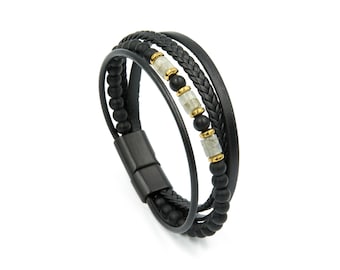 Men's Jade, Obsidian & Hematite Bracelet, Healing Stones, Braided Multi Layered Leather, Magnetic Clasp, Birthday, Christmas Gift for Him,