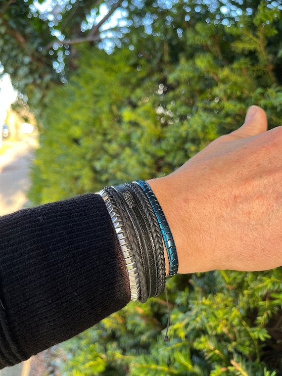 JEWELLBOX Men's Genuine Leather Bracelet With Tiger Eye Beads | Magnetic Clasp | Gift Box - View #4