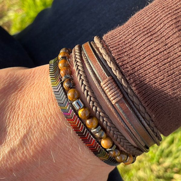 Men’s Natural Stone Beaded and Leather Bracelets Set of 3, Gemstone Hematite, Tiger Eye Beads, Leather Bracelet, Valentine's, Birthday Gift