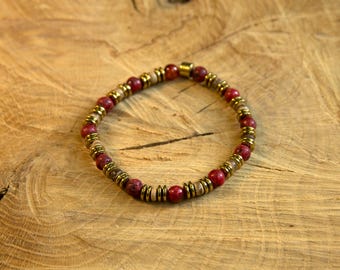 Men's Rhodonite and Hematite Beaded Elastic Bracelet, 6mm Red Rhodonite Stone Beads, Gold Hematite Accent Disks, Birthday, Christmas Gift