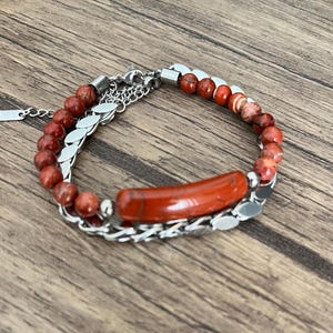 Men’s Red Jasper Natural Stone Beaded with Steel String and Steel Chain Bracelet Set of 2 Gift Ideas for Him, for Her