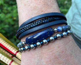 Men's Sodalite, Hematite and Leather 3 Bracelet Navy Blue Combo Set, Blue Sodalite, Silver Hematite, Blue Multilayer Leather, Special Gift