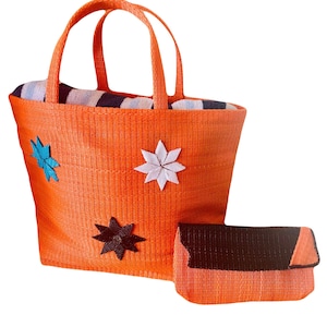 Handmade Orange Woven Tote Bag and Clutch Set, Colorful Flower Embroidery, Eco-Friendly and Stylish