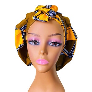 Yellow Ankara Tie Cap, Protective Bonnet, African Head wrap that can be Worn as a Scrub Cap. Gift for Her, Hair Accessory