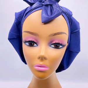 Plain Blue Ankara SATIN lined Adjustable Tie Ankara Bonnet, Nursing School Scrub Cap, African Hair Tie, African Head wrap, Nigerian Head Tie