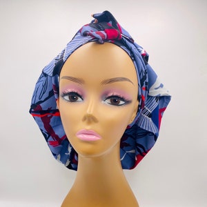 Blue Ankara SATIN LINED Cap, African Tie Bonnet that is Versatile as a Scrub Cap  African Fabric Print Loc Cap Head wrap