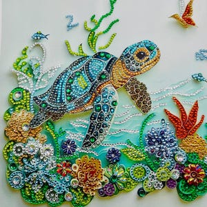 完成したダイヤモンドペインティング「ウミガメと海の風景」（30 x 30 cm または 11.8 x 11.8 インチ、フレームなし）