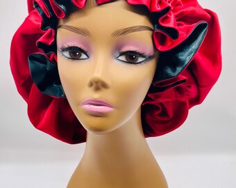 Reversible Handmade Jumbo Red and Green Satin Sleep Cap: Long Locs Bonnet