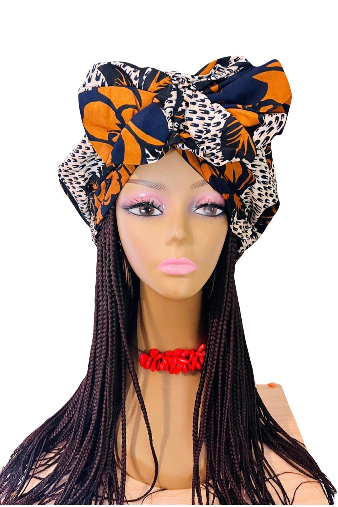 Big Hair Pretied Bow Large Turban Satin Lined Ankara Hat, Pretied Head