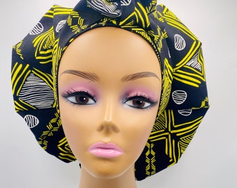 Handmade Ankara SATIN LINED Adjustable Tie Bonnet that is versatile as a Scrub Cap  African Fabric Print Loc Cap Head wrap