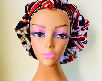 Handmade Ankara Satin Lined Bonnet: Adjustable Tie, Reversible Headwrap