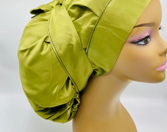 Extra Large/Jumbo Luxury Satin Adjustable Tie Bonnet, Protective Cap, Braids Head wrap that can be Worn as a Scrub Cap, Green Locs Bonnet